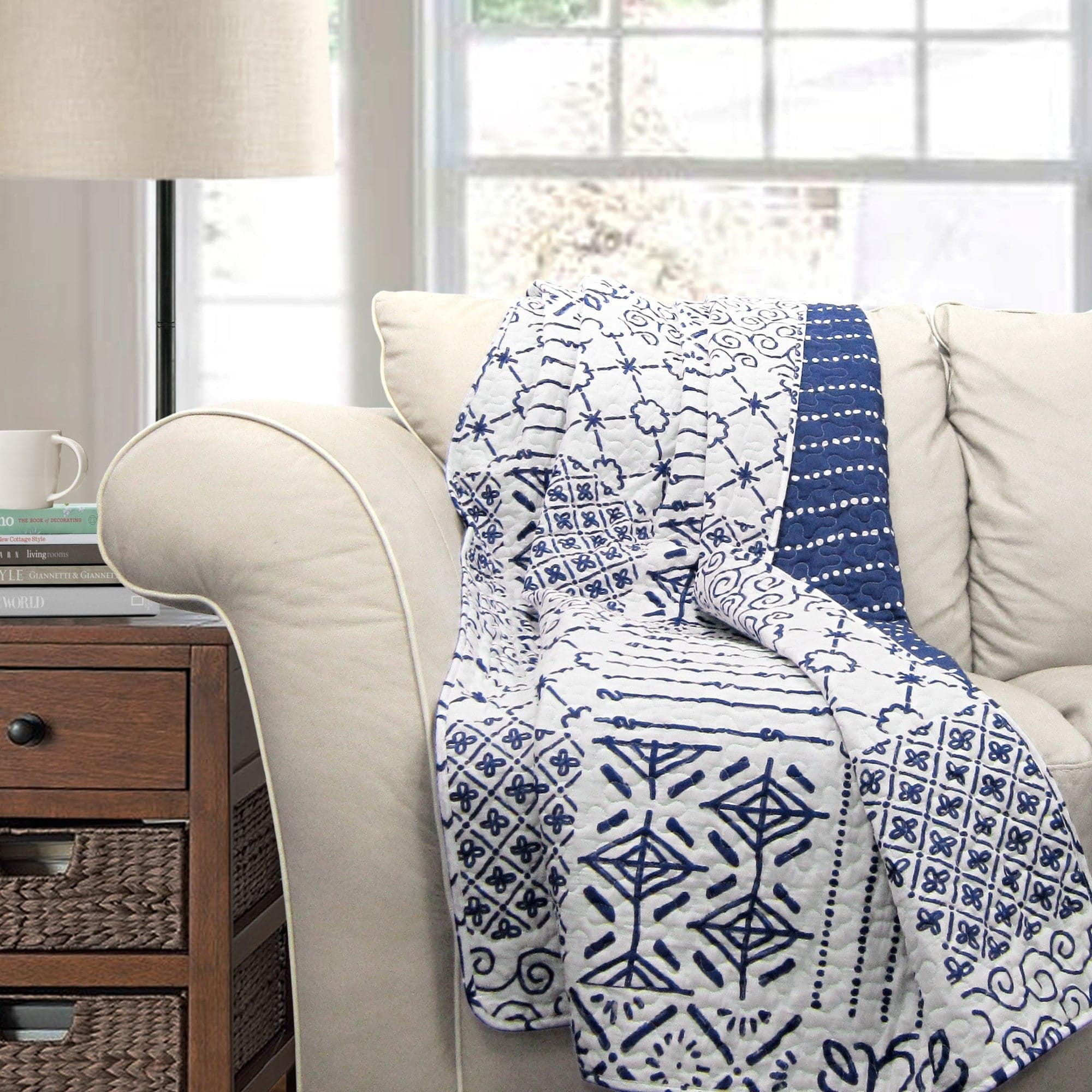 Monique Blue and White Cotton Reversible Throw Blanket