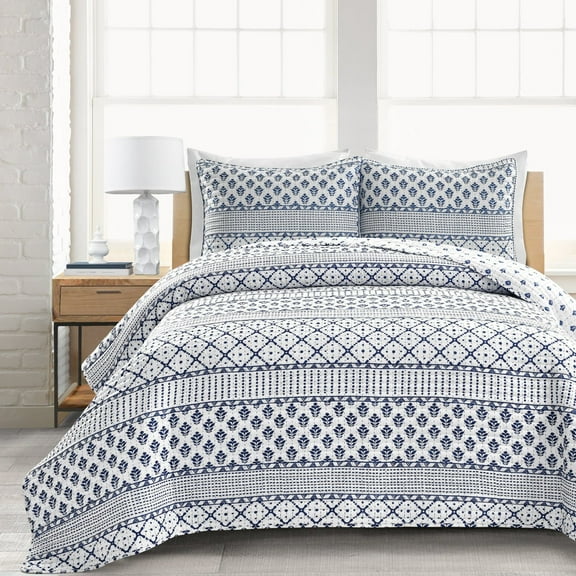 Lush Decor Monique Stripe Geometric Reversible Washable Quilt Sets, Full/Queen, Navy, 3-Pieces