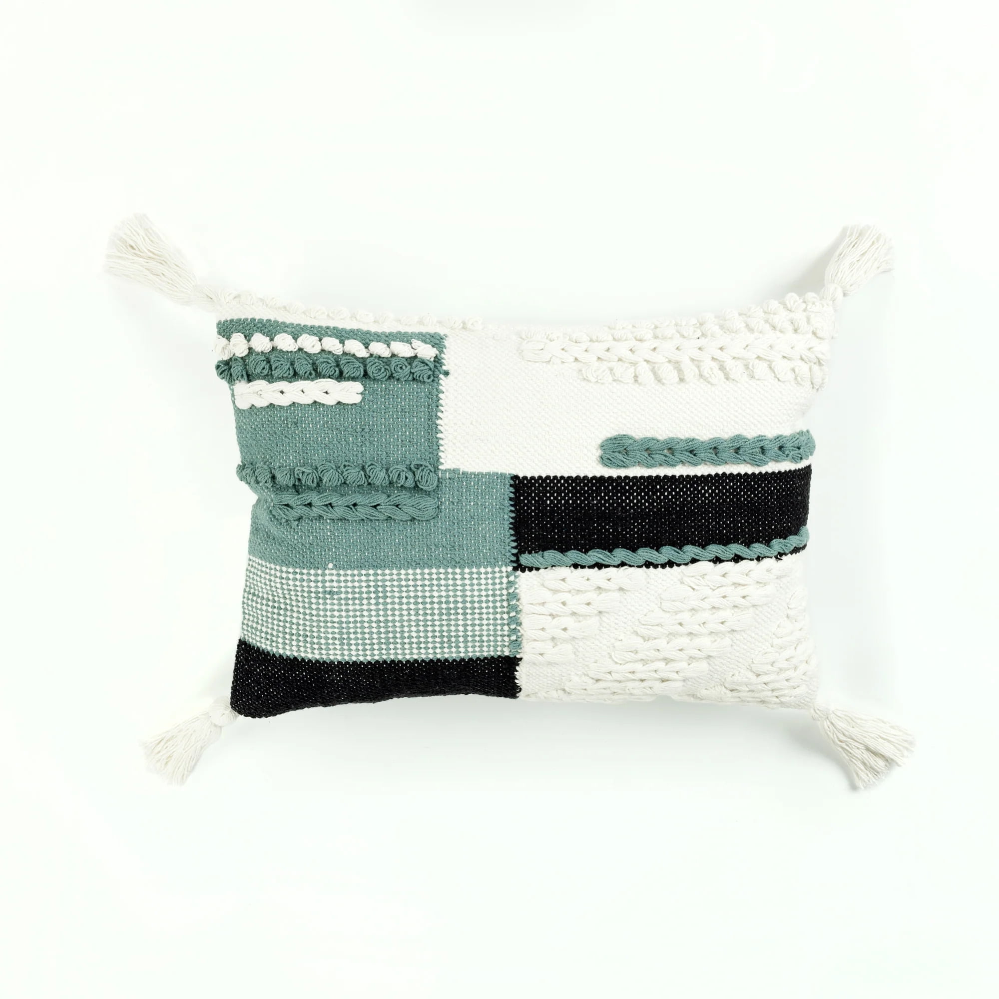 Cotton Embroidered Rectangular Lumbar Pillow with Tassels