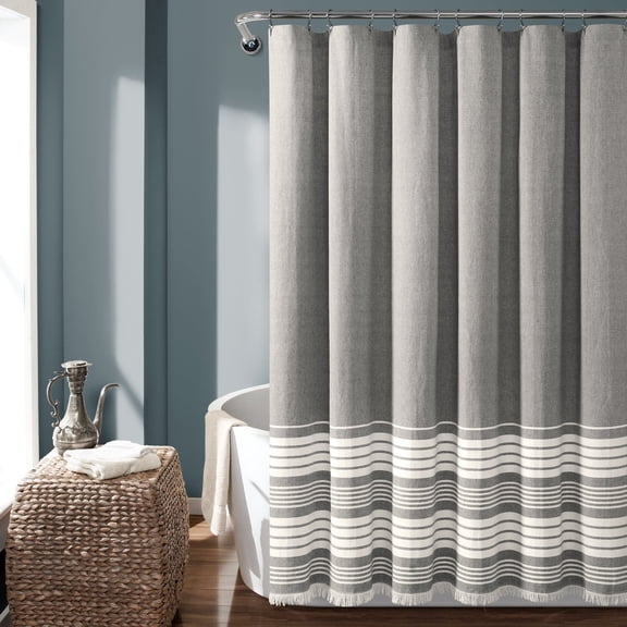 Lush Decor Nantucket Yarn Dyed Cotton Tassel Fringe Stripe Shower Curtain, 72x72, Gray, Single