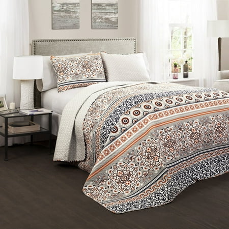 Lush Decor Nesco Stripe Cotton Reversible Quilt, Full/Queen, Navy/Coral, 3-Pc Set