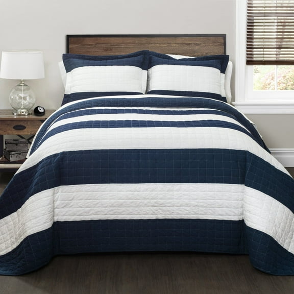 Lush Decor New Berlin Stripe Cotton Quilt, Twin, Navy/White, 2-Pc Set