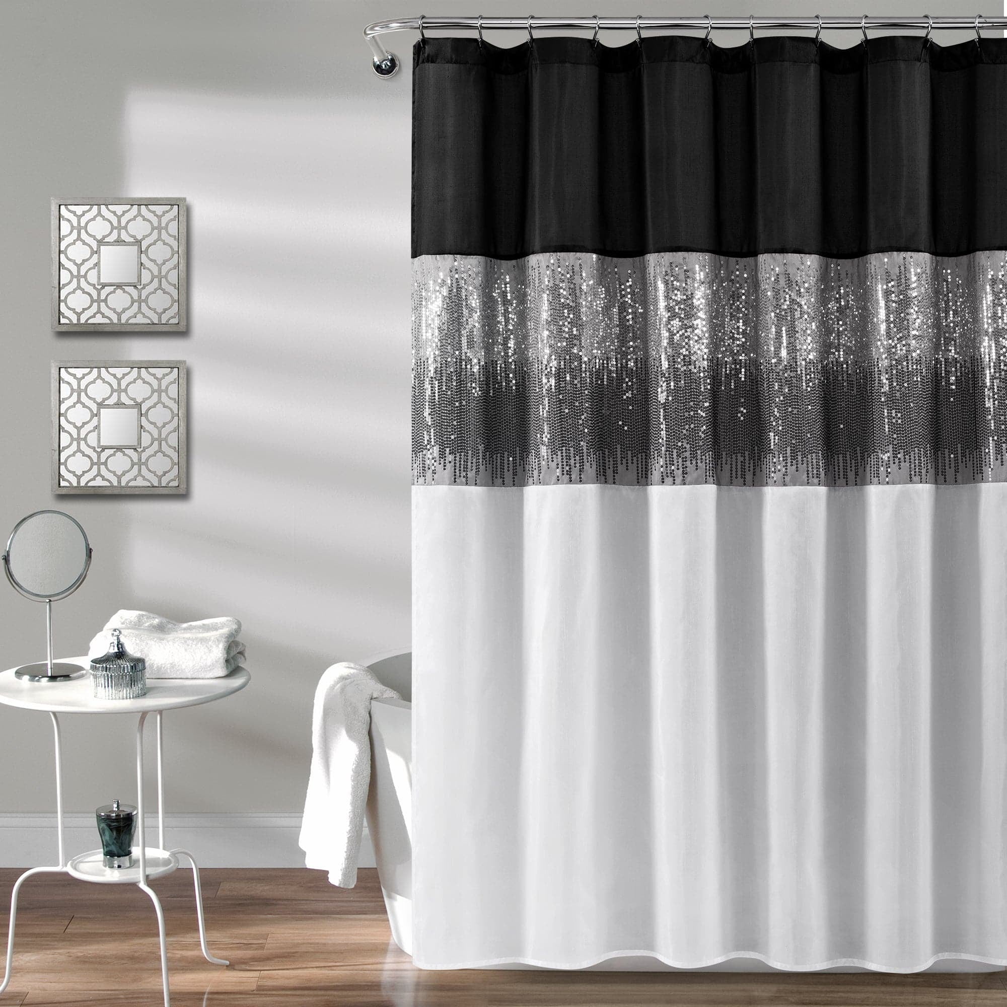 Black and White Sequin Faux Silk Shower Curtain, 72" x 72"