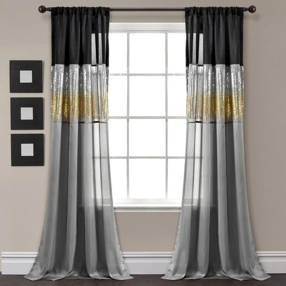 Lush Decor Night Sky Sparkling Sequins Stripe Pattern 3" Rod Pocket Light Filtering Window Curtain For Girls Room, Black/Gold, 84"L x 42"W, Single Panel