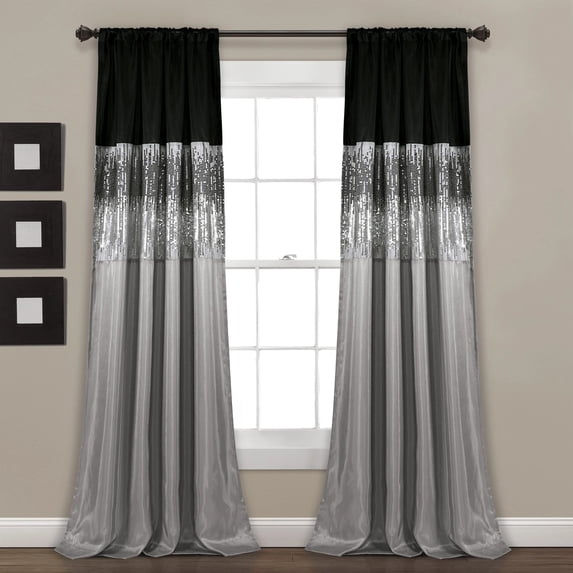 Lush Decor Night Sky Sparkling Sequins Stripe Pattern 3" Rod Pocket Light Filtering Window Curtain For Girls Room, Black/Gray, 108"L x 42"W, Single Panel