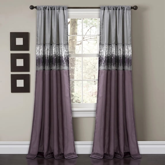 Lush Decor Night Sky Sparkling Sequins Stripe Pattern 3" Rod Pocket Light Filtering Window Curtain For Girls Room, Purple/Gray, 108"L x 42"W, Single Panel