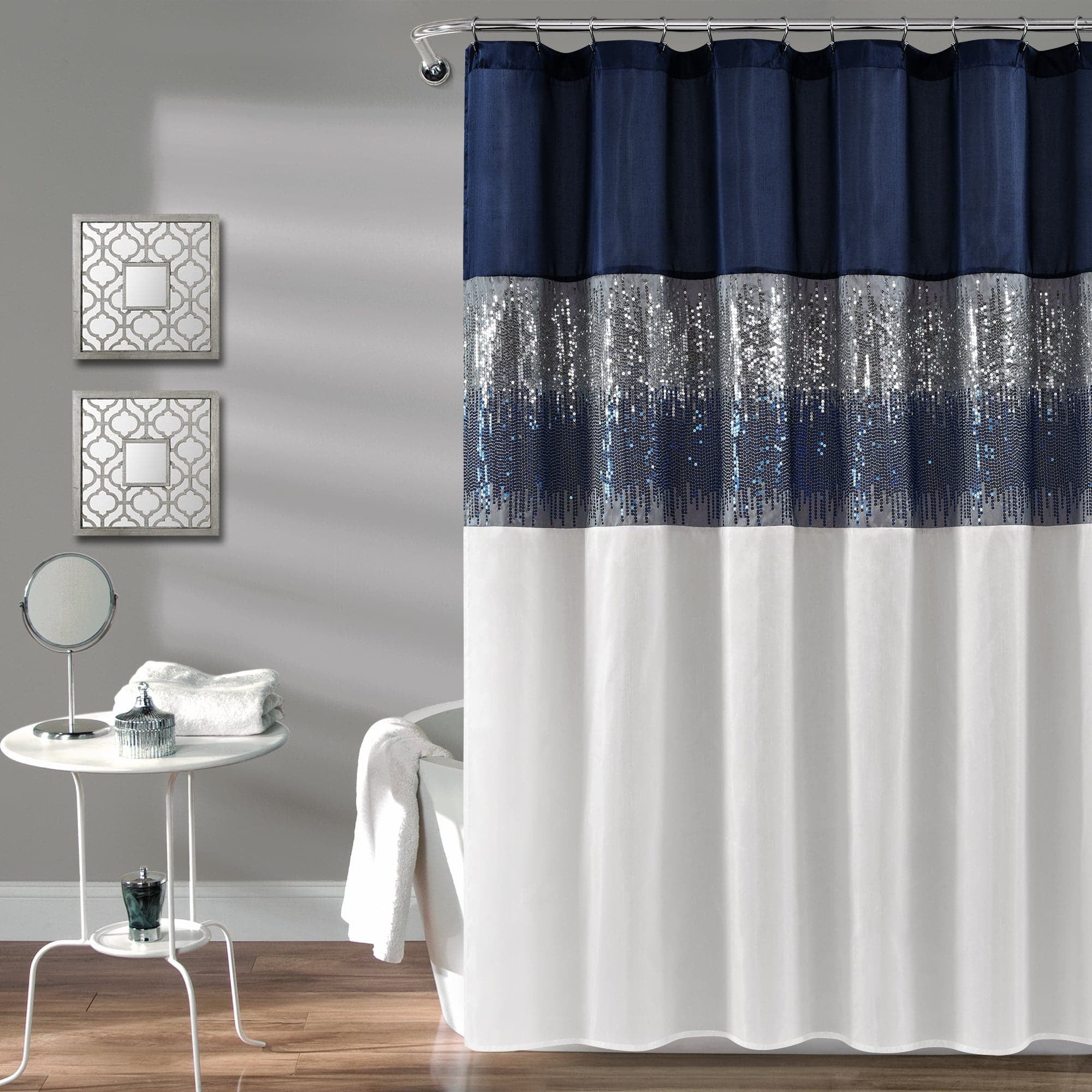 Navy and White Sequin Faux Silk Shower Curtain