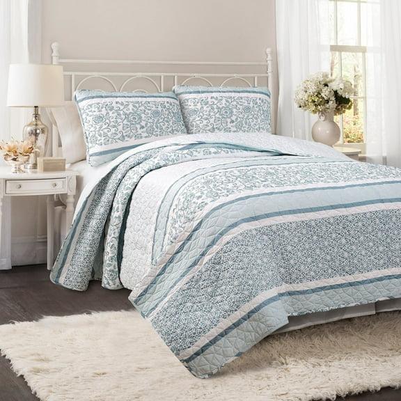 Lush Decor Nisha Stripe Cotton Reversible Quilt, Full/Queen, Blue, 3-Pc Set