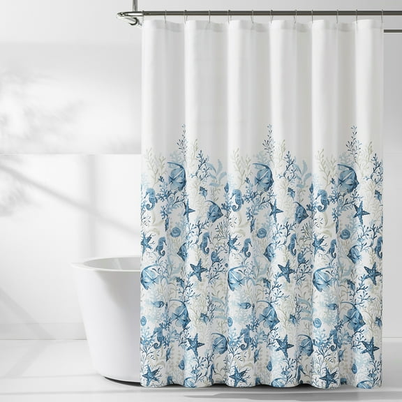 Lush Decor Oceana Watercolor Sea Life Linen Textured Shower Curtain Single 72" W x 72" L Blue - Tropical Bathroom - Bath Curtain - Coastal Decor