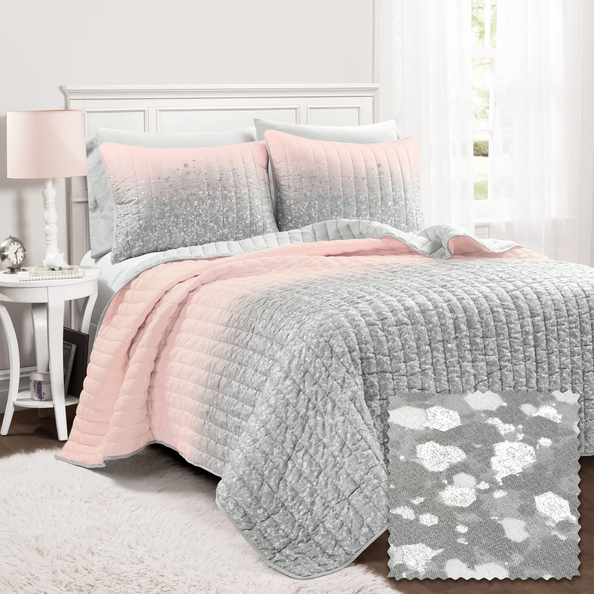 Blush and Gray Twin Glitter Ombre Quilt Set
