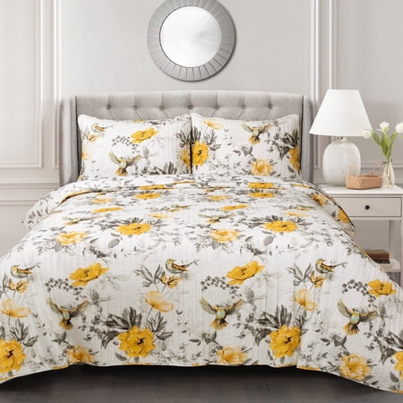 Lush Decor Penrose Floral Cotton Reversible Quilt, Full/Queen, Yellow/Gray, 3-Pc Set