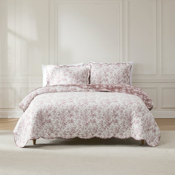 Lush Decor Peony Toile Reversible Cotton Quilt 3 Piece Set Full/ Queen Rosewood - Floral Quilt - Pink Bedding Set - Scalloped Edge - Coquette Decor