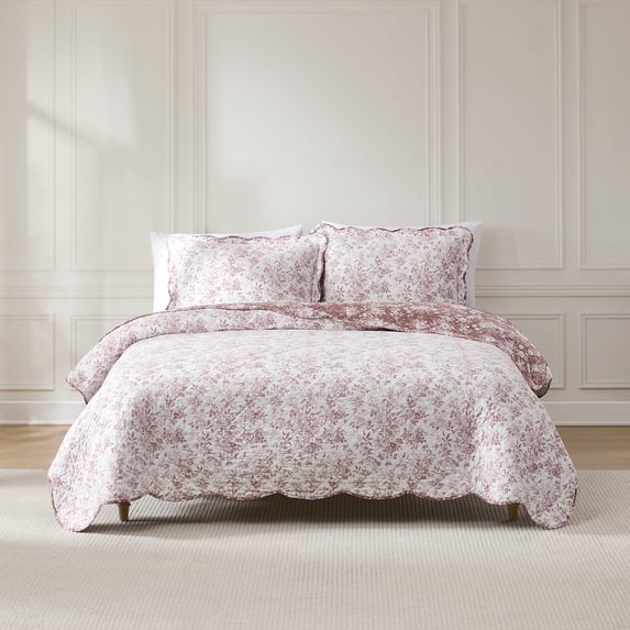 Lush Decor Peony Toile Reversible Cotton Quilt 3 Piece Set Full/ Queen Rosewood - Floral Quilt - Pink Bedding Set - Scalloped Edge - Coquette Decor