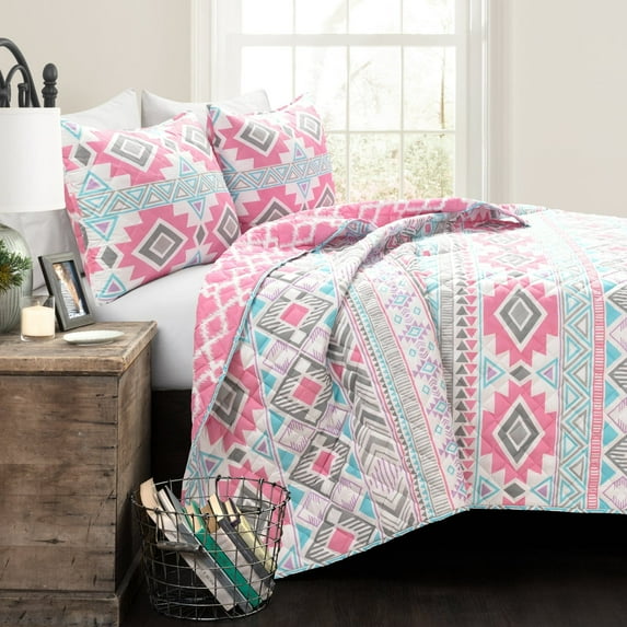 Lush Decor Pink & Turquoise Stripe Malibu Reversible Oversized Quilt - 3 Piece Bedding Set - Full / Queen