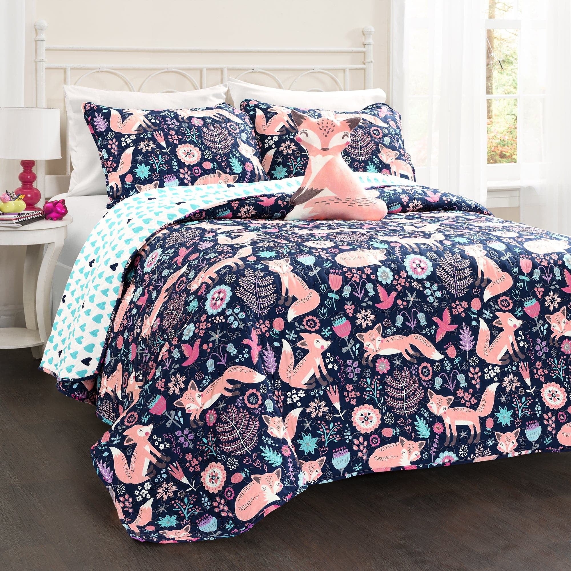 Lush Decor Pixie Fox Kids Animal Print Polyester Reversible Quilt, Twin, Navy/Pink, 3-Pc Set