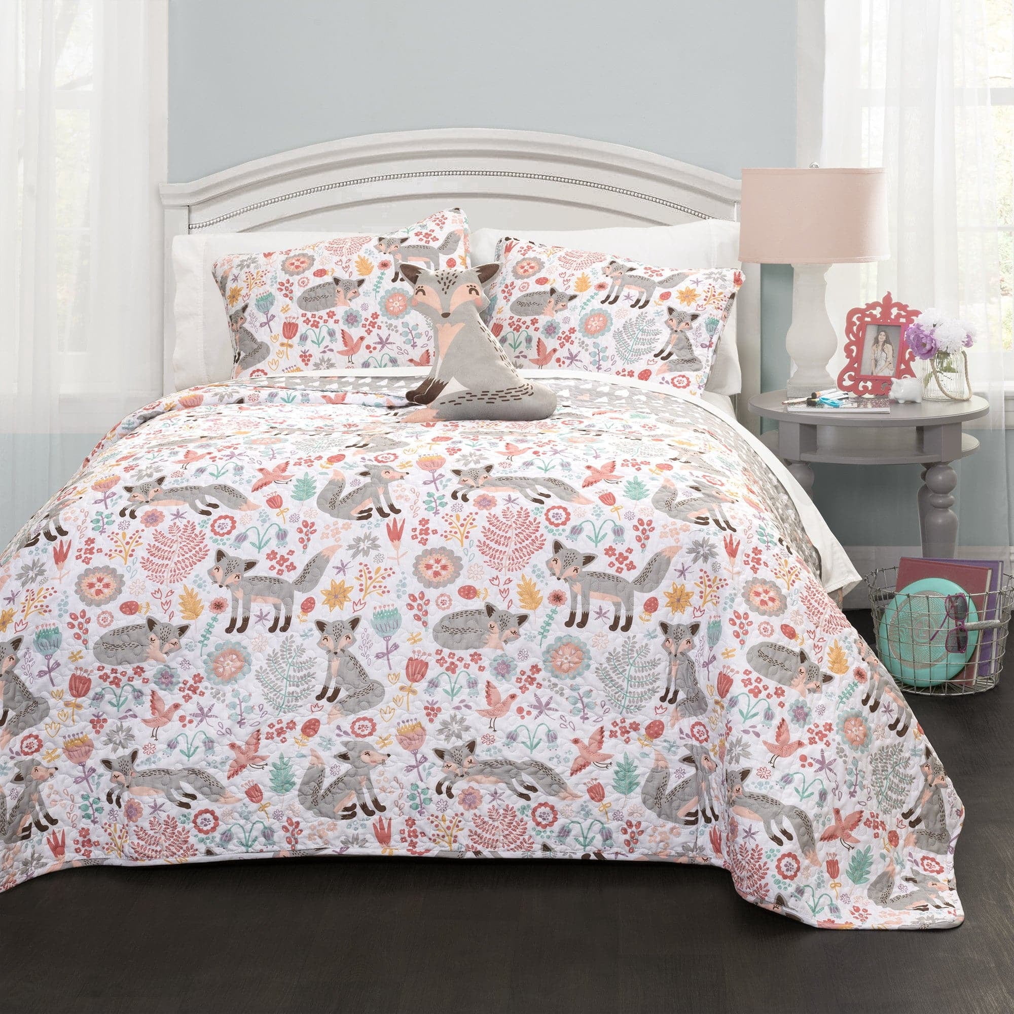 Lush Decor Pixie Fox Kids Animal Print Reversible Quilt 3-Piece Set, Twin, Gray/Pink