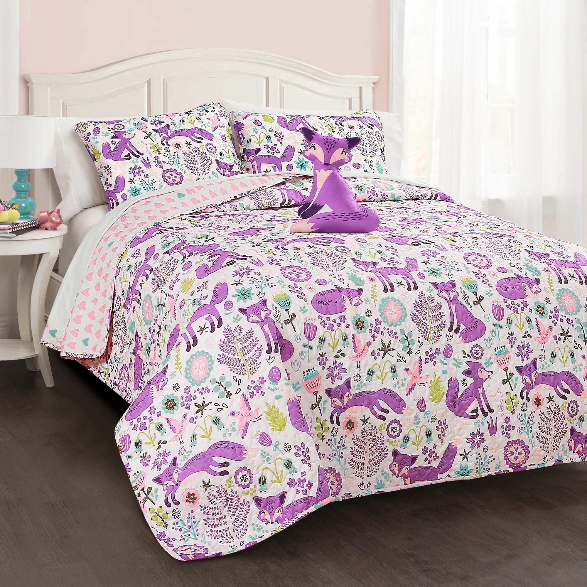Purple and Pink Fox Print Reversible Twin Quilt Set