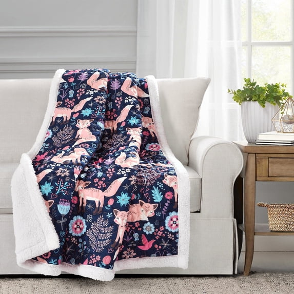 Lush Decor Pixie Fox Kids Animal Print Sherpa Reverse Throw, 60" x 50", Navy/Pink, Single