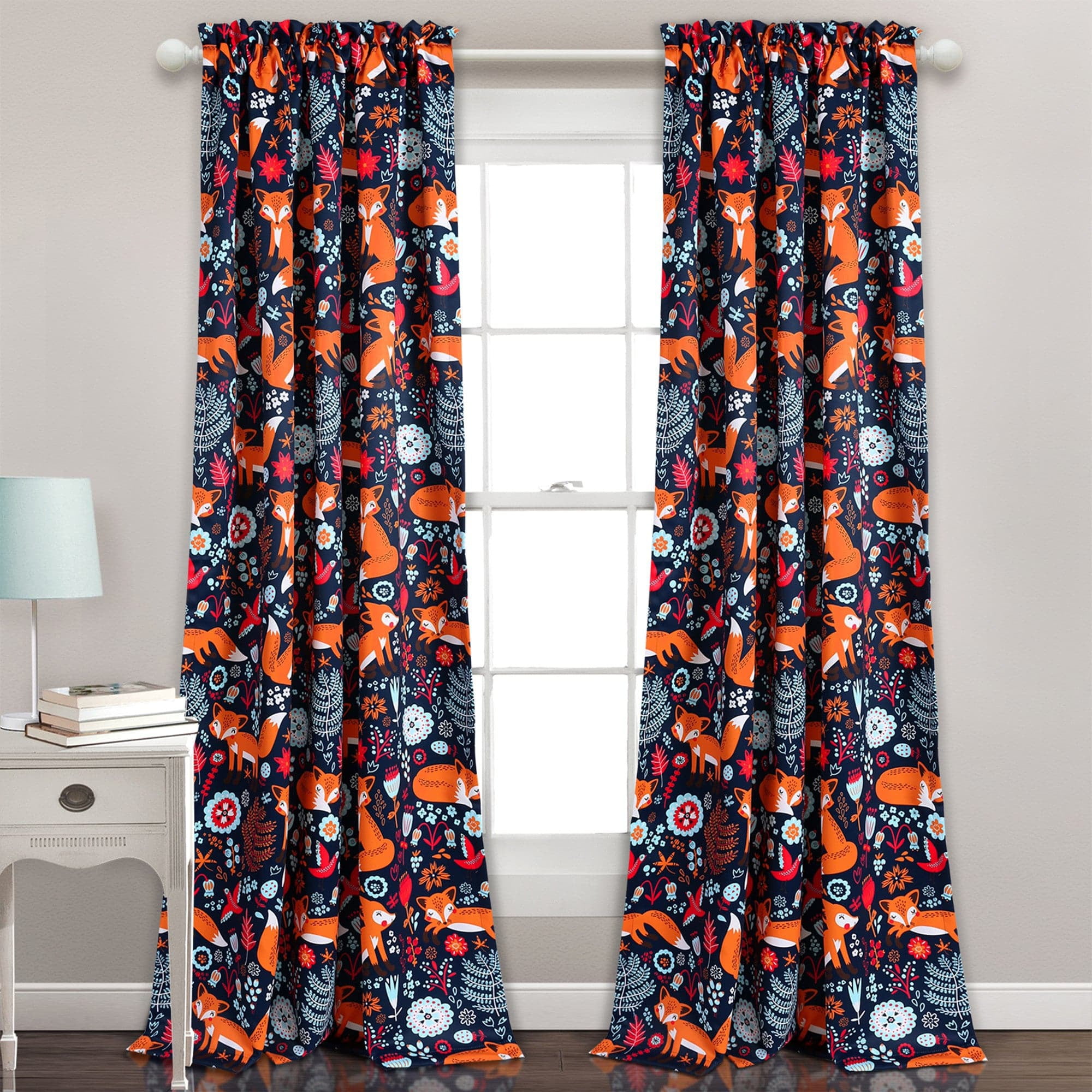Lush Decor Pixie Fox Room Darkening Animal Print Navy Rod Pocket Window ...