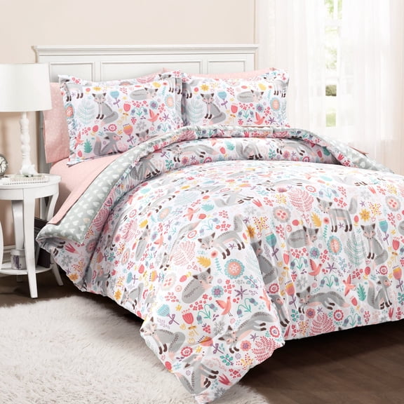 Lush Decor Pixie Fox With Sheet Set Kids Back To Campus Comforter Pink/Gray 7Pc Set Full