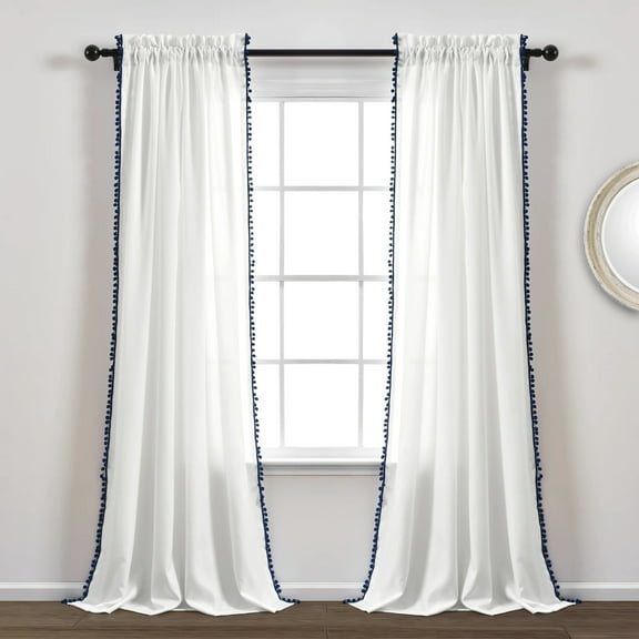 Lush Decor Pom Pom Pom Pom 84" x 50" + 2" Header Pom Pom Navy 100% Polyester 3" Rod Pocket Single Window Panel