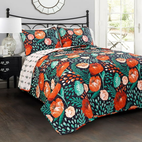 Lush Decor Poppy Garden Floral Cotton Reversible Quilt, Full/Queen, Navy, 3-Pc Set