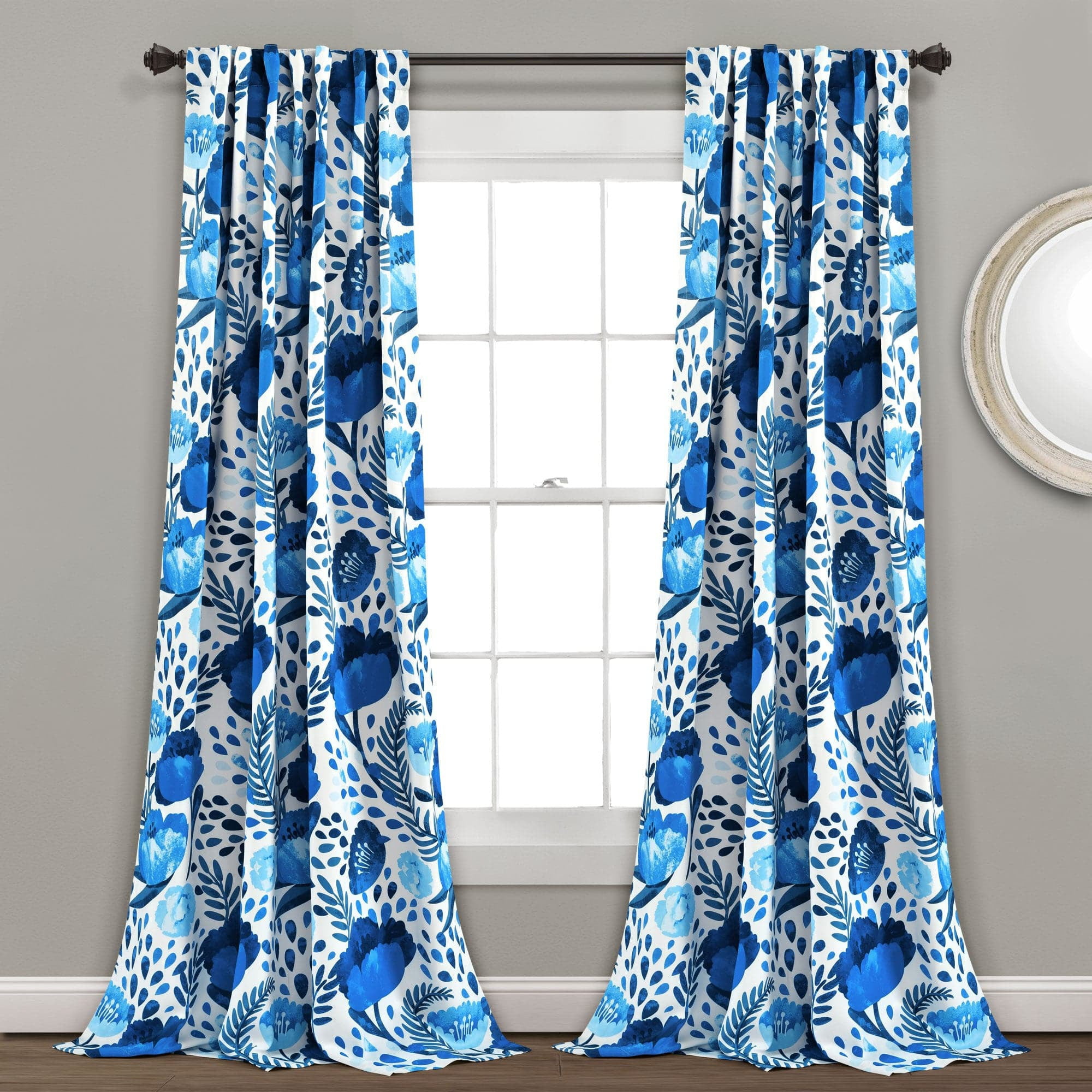 Blue Floral Polyester Room Darkening Curtain Panels