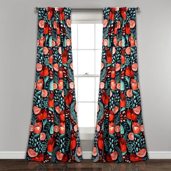 Lush Decor Poppy Garden Room Darkening 95" x 52" Floral Navy 3" Back Tab Rod Pocket Pair Window Panel