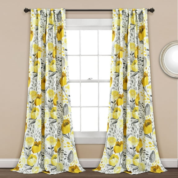 Lush Decor Poppy Garden Room Darkening 95" x 52" Floral Yellow 3" Back Tab Rod Pocket Pair Window Panel