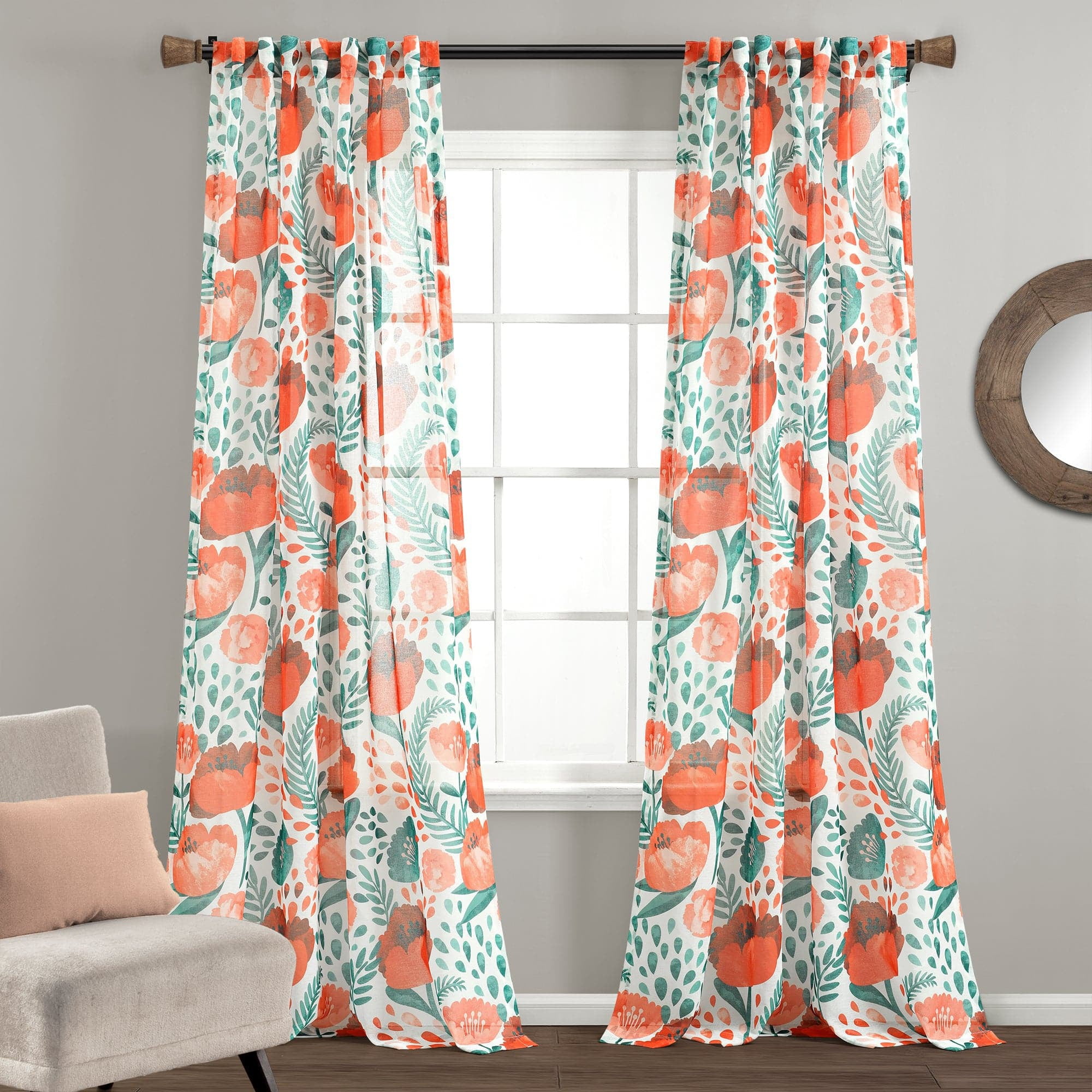 84-Inch Multi Floral Sheer Polyester Rod Pocket Curtain Panels