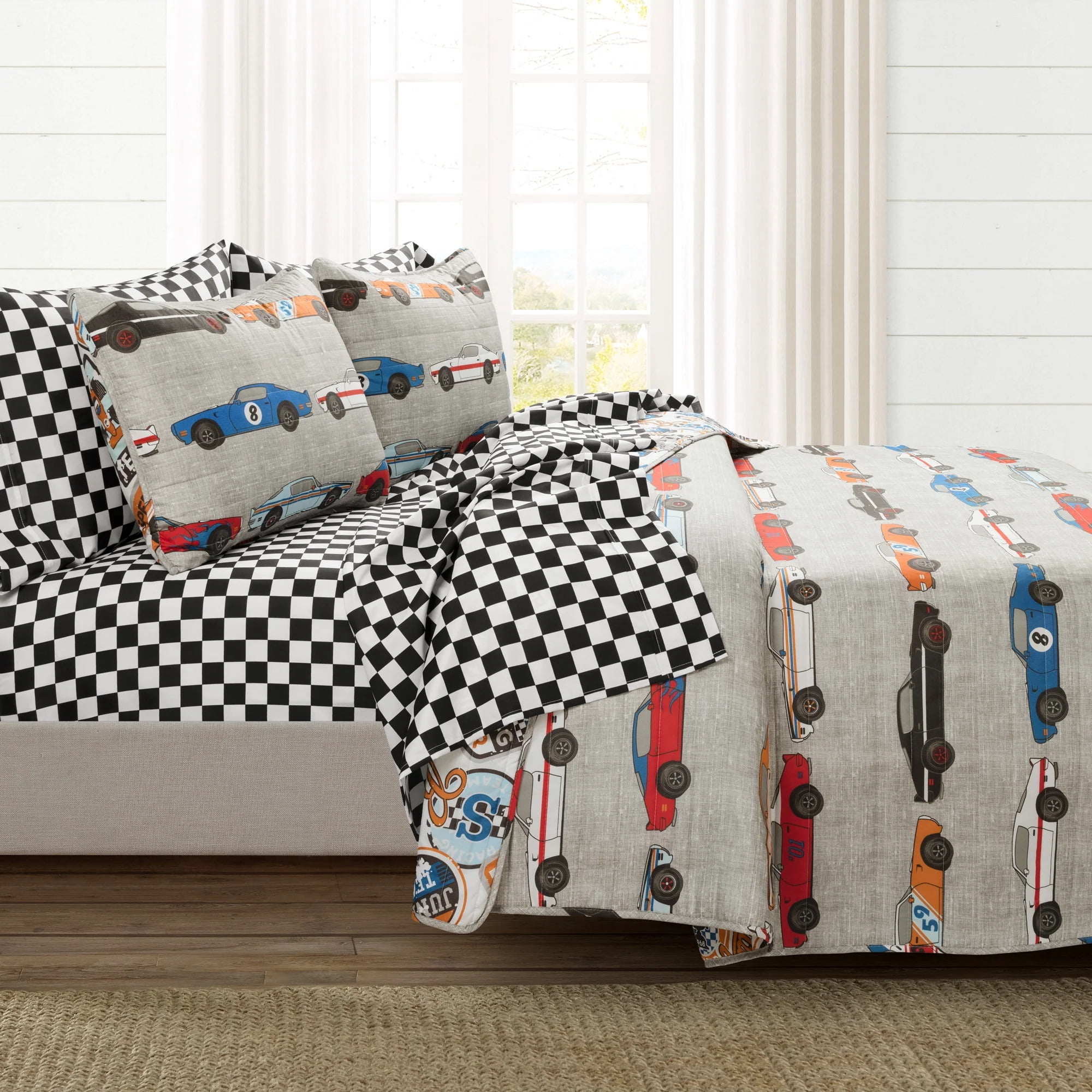 Blue and Orange Reversible Race Car Twin Quilt Set