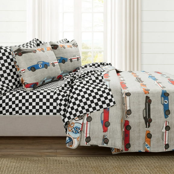 Lush Decor Printed Race Cars Soft Reversible Oversized Quilt Blue/Orange 5Pc Set Twin
