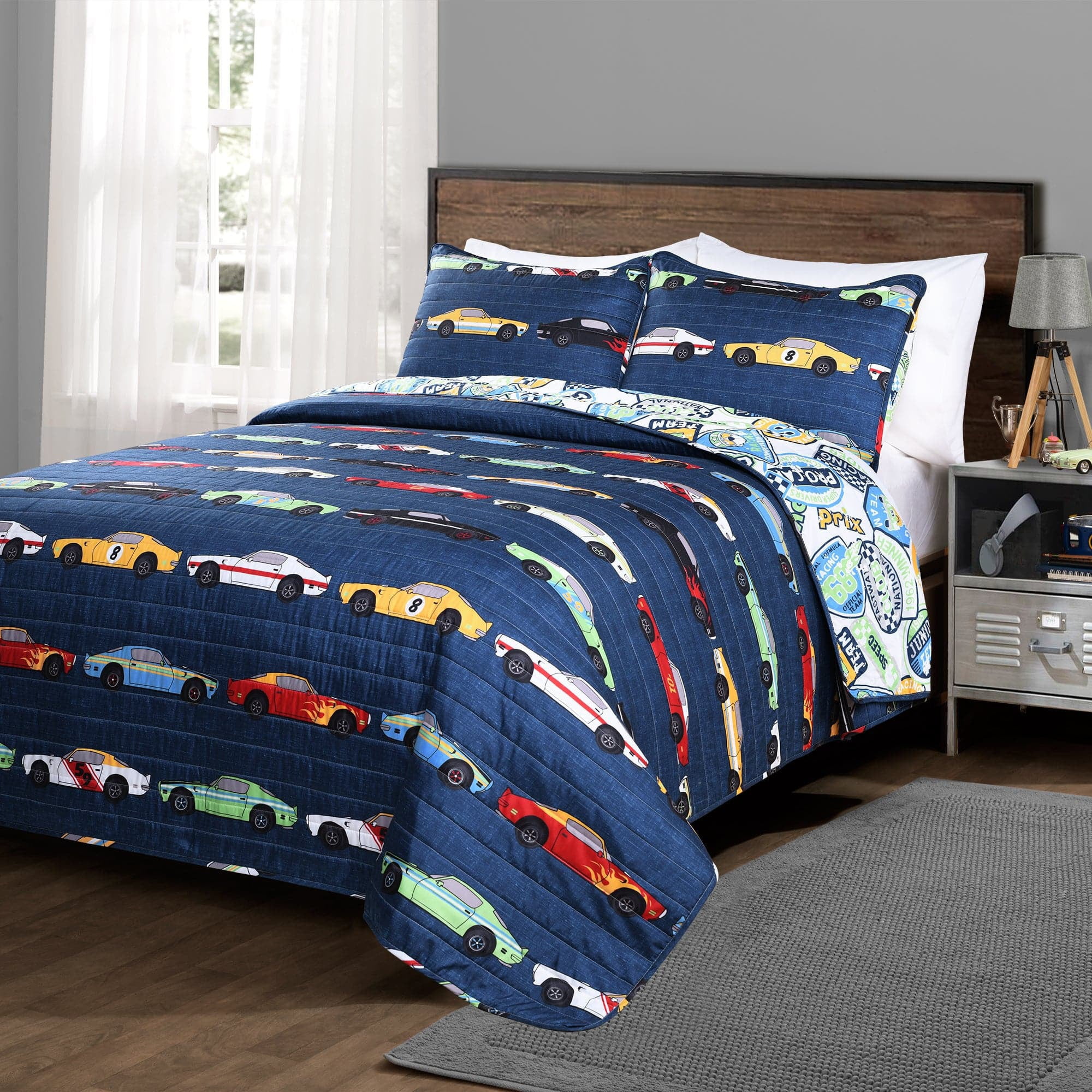 Navy Microfiber Reversible Race Car Twin Quilt Set