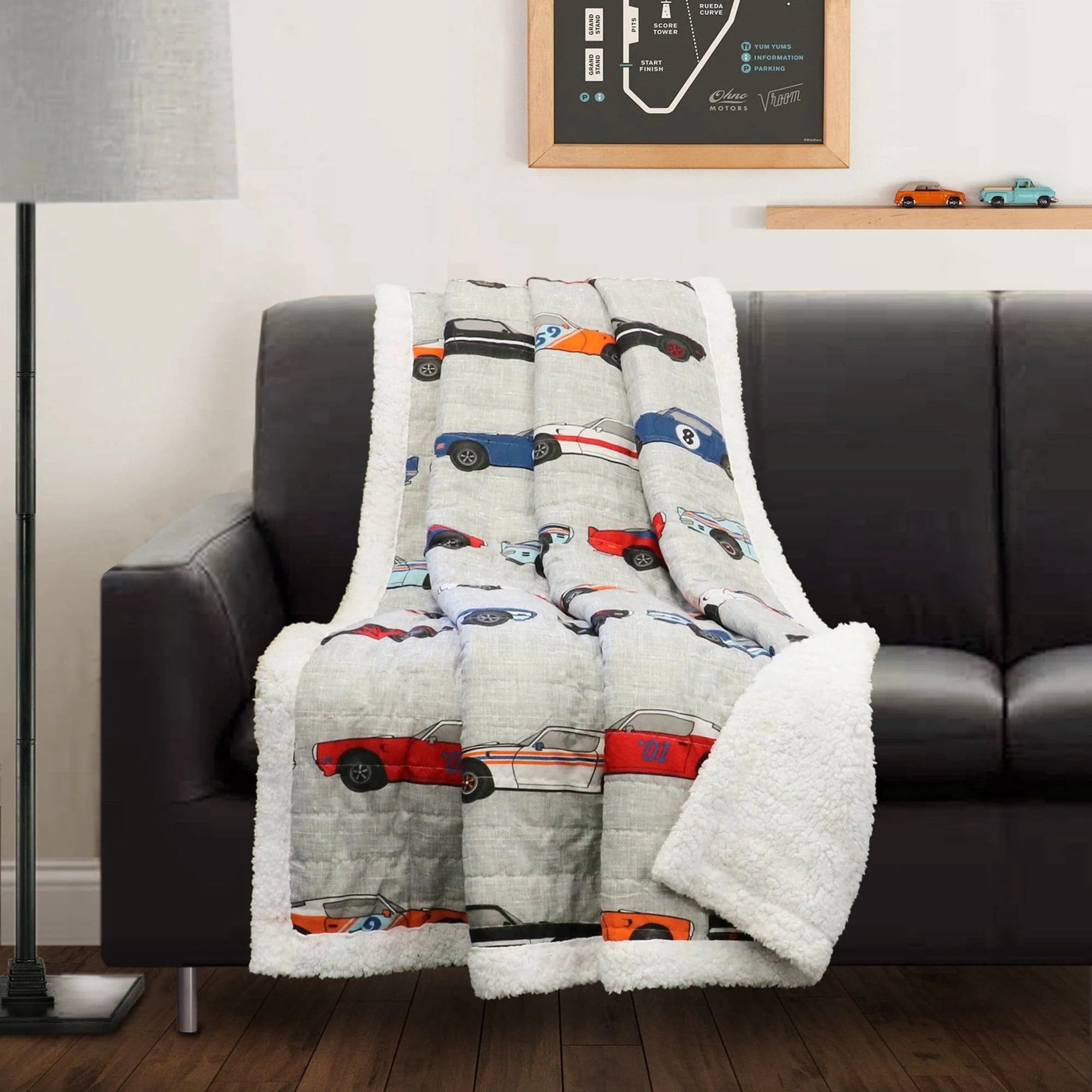 Lush Decor Race Cars Blue Printed Polyester Sherpa Throws, 60" x 50"