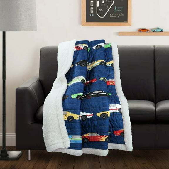 Lush Decor Race Cars Kids Print Sherpa Reverse Throw, 60" x 50", Navy, Single