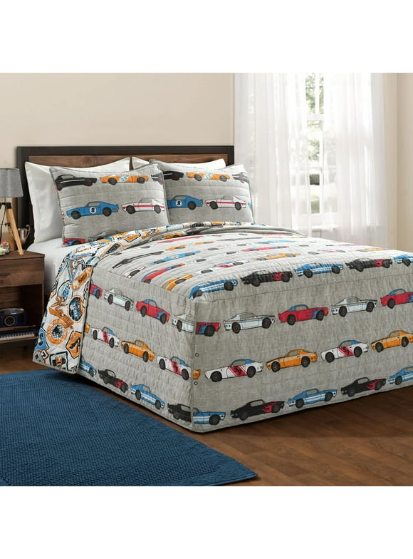 Lush Decor Race Cars Kids Printed Tailored Drop Bedspread ,Full, Blue/Orange, 3-Pc Set