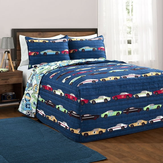 Lush Decor Race Cars Kids Printed Tailored Drop Bedspread ,Full, Navy, 3-Pc Set