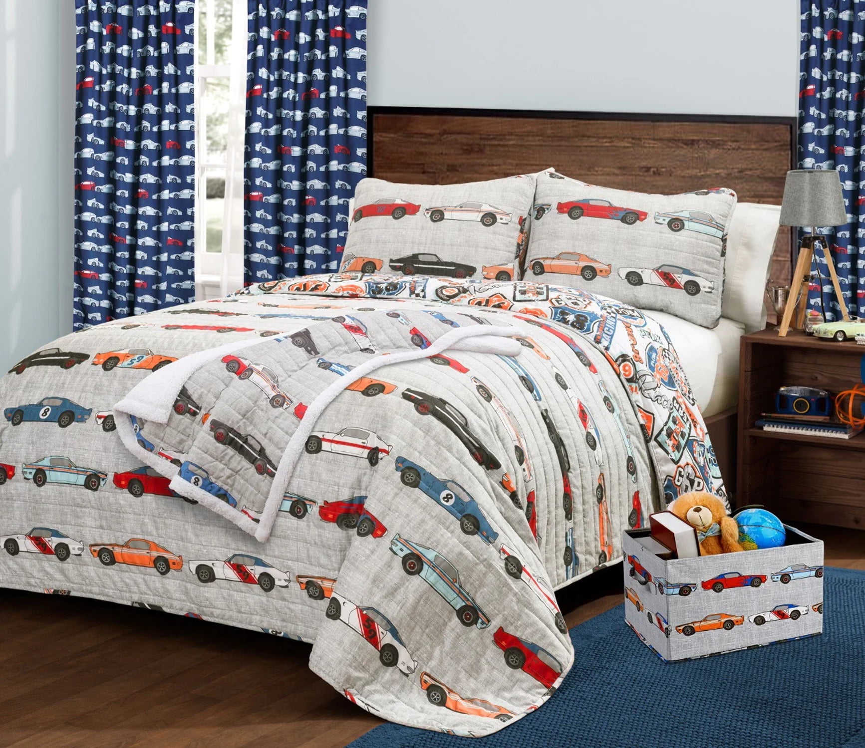 Lush Decor Race Cars Kids Reversible Quilt - Reversible Twin, Blue abd Orange, 2 Piece Bedding Set