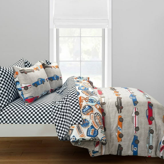 Lush Decor Race Cars Reversible Oversized With Printed Sheet Set Comforter Blue/Orange 7Pc Set Full