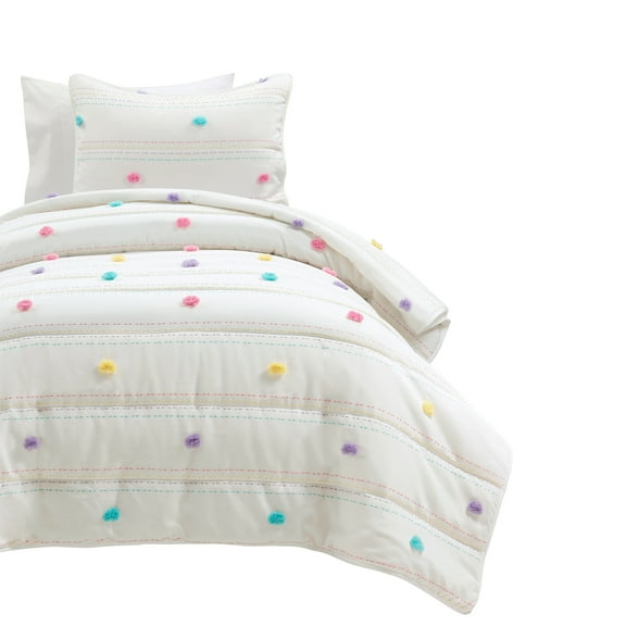 Lush Decor Rainbow Pom Pom And Stripes Quilt Set, 2 Piece Set, Twin XL, White & Rainbow - Fun & Colorful Kids Bedding Set - Rainbow Quilt For Teen Dorm Decor - Striped Quilt - Girls Bedroom Decor