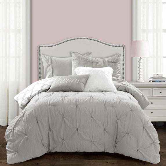 Lush Decor Ravello Pintuck Caroline Geo Textured Polyester Ruffle Detail Comforter, Twin-XL, Light Gray, 5-Pc Set