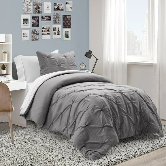 Lush Decor Ravello Pintuck BIAB Soft Reversible Printed Comforter With Sheet Set Gray 5Pc Set Twin-Xl