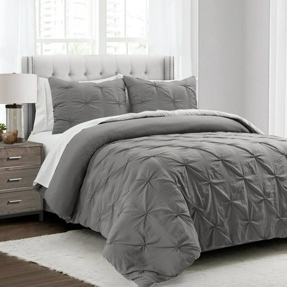 Lush Decor Ravello Pintuck BIAB Soft Reversible Printed Comforter With Sheet Set Gray 7Pc Set King