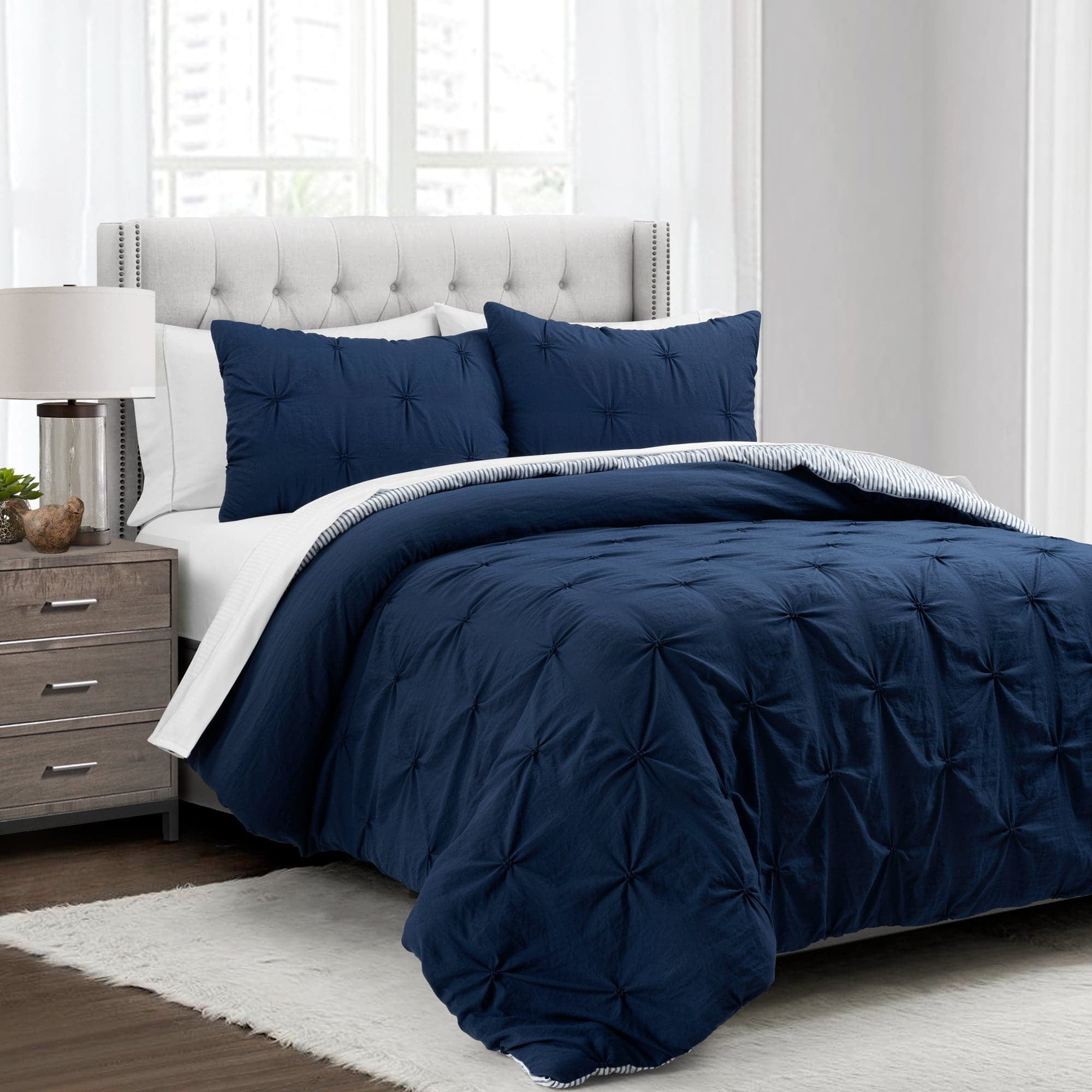 Panaz Ravello Navy Lush Decor Ravello Pintuck BIAB Soft Reversible Printed Comforter With ...