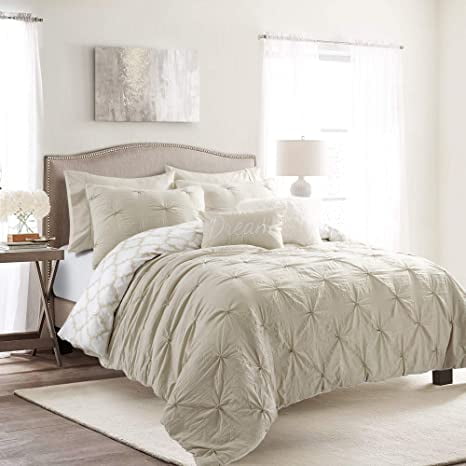 Lush Decor Ravello Pintuck Caroline Geo Textured Polyester Ruffle Detail Comforter, King, Neutral, 7-Pc Set