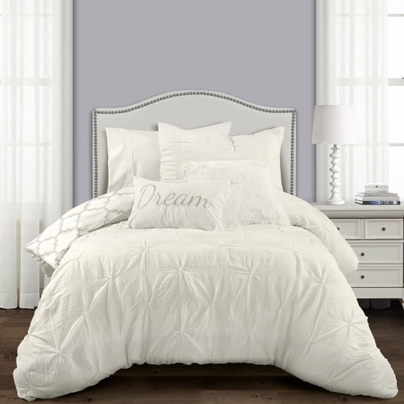 Lush Decor Ravello Pintuck Caroline Geo Textured Ruffle Detail Comforter, Twin-XL, White, 5-Pc Set