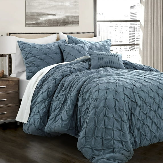 "Lush Decor Ravello Pintuck Solid Color Elastic Embroidery Comforter, Full/Queen, Stormy Blue, 5-Pc Set"