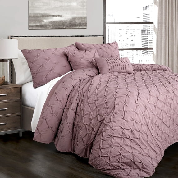 "Lush Decor Ravello Pintuck Solid Color Elastic Embroidery Comforter, Full/Queen, Woodrose, 5-Pc Set"