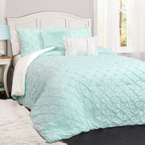 Lush Decor Ravello Pintuck Solid Elastic Embroidery Comforter, Twin, Light Aqua, 4-Pc Set