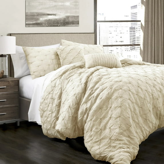 Lush Decor Ravello Pintuck Solid Polyester Elastic Embroidery Comforter, King, Ivory, 5-Pc Set